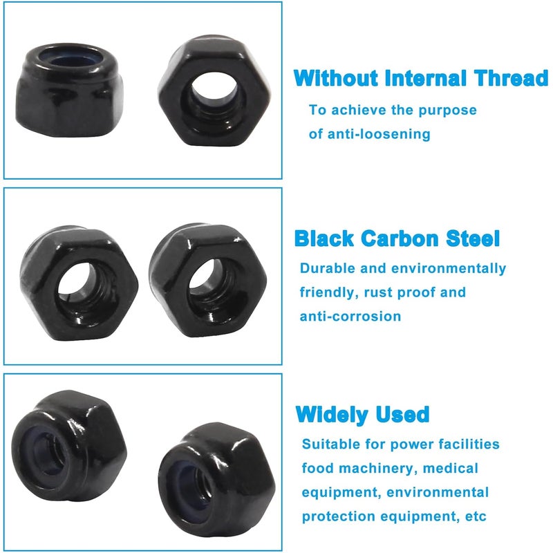 Hitefu 110PCS M3 x 0.5mm Hex Lock Nuts, Black Nylon Lock Non-Slip Nut, Carbon Steel Self-Locking Nuts for Fasteners - Image 4